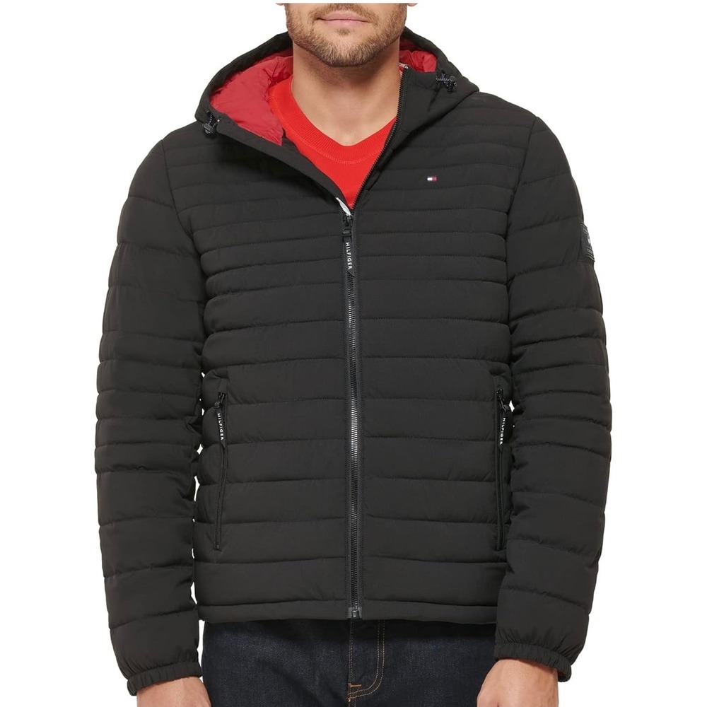 Tommy Hilfiger Mens Stretch Poly Hooded Packable Jacket Black Puffer L NEW